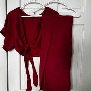 Pink Tie-Front Top and Skirt Set